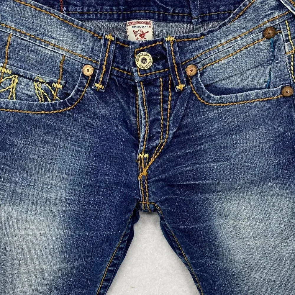 True Religion Mens Ricky Giant Big T Cut Off Jean Shorts Denim Size 30 Made USA